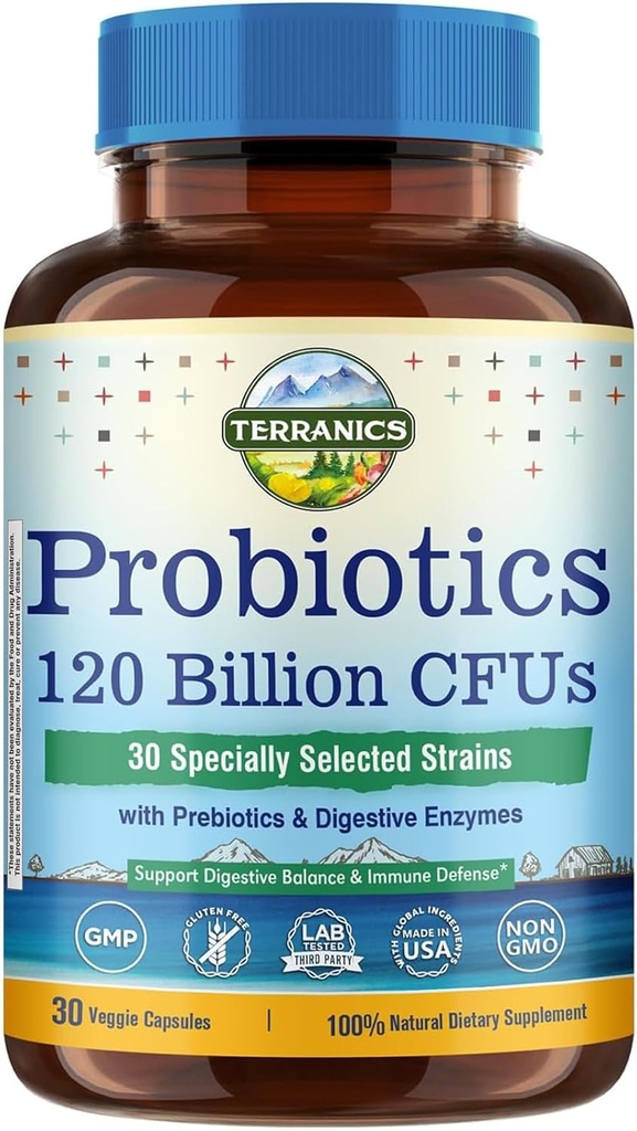 Probióticos terranicos 120 billón con prebióticos & enzimas digestivos, 30 Strains probados, Digestión completa &amp; Apoyo a la Inmunidad, No GMO, NO Soy, Dairy & Gluten, para hombres y mujeres, 30 cápsulas vegetarianas
