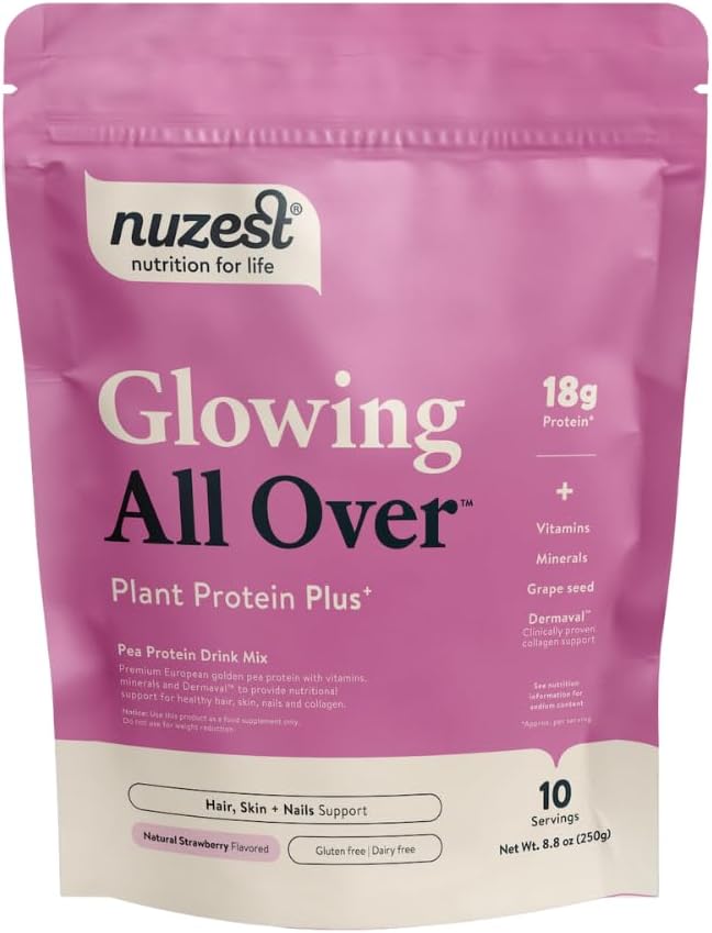 Nuzest Protein Plus ← Glowing All Over ← Strawberry  sometida Apoyo a la producción saludable del cabello, la piel, las uñas y el colágeno  Vitaminas y Minerales
