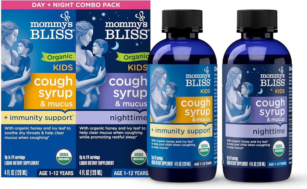 Mami's Bliss Organic Cough Syrup & Mucus for Kids, Day and Night Combo Pack with Vitamin C and Immunity Support, Contains Organic Honey and Ivy Leaf, 4 Fl Oz (Pack of 2)