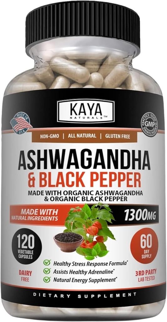 Kaya Naturals Ashwagandha 1300mg, 120 cápsulas contables para el alivio de estrés, Adrenal, Mood " Tiroides, Black Pepper y 100% Pure Ashwagandha -120 cápsulas