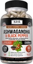 Kaya Naturals Ashwagandha 1300mg, 120 Count Capsules for Stress Relief, Adrenal, Mood & Thyroid Support, Black Pepper and 100% Pure Ashwagandha -120 Capsules