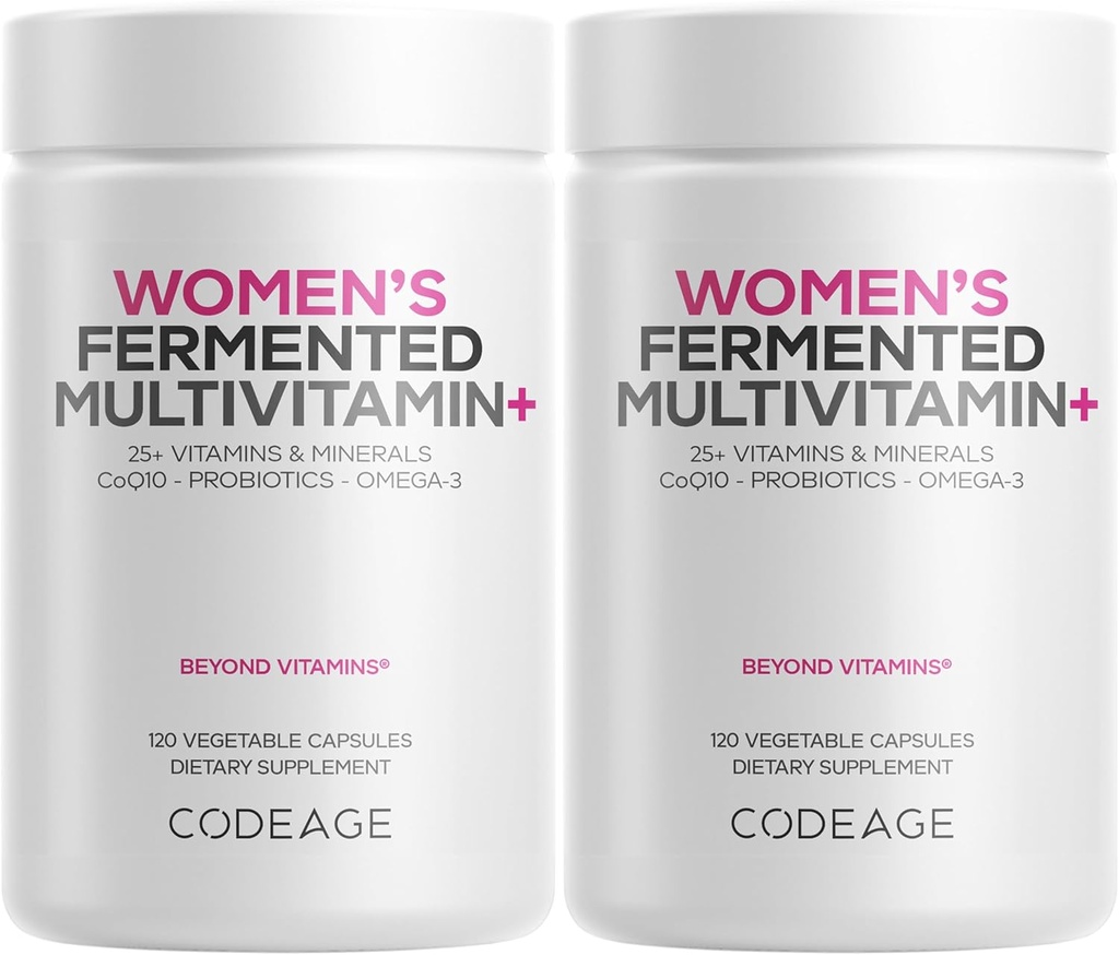 Codeage Women’s Daily Multivitamin, 25+ Vitaminas &amp; Minerals, Fermented, Organic Whole Foods, Probiotics Supplement - Vitamina A, B, C, D, E & K, Omega 3, Zinc – Vegan - 2 Pack