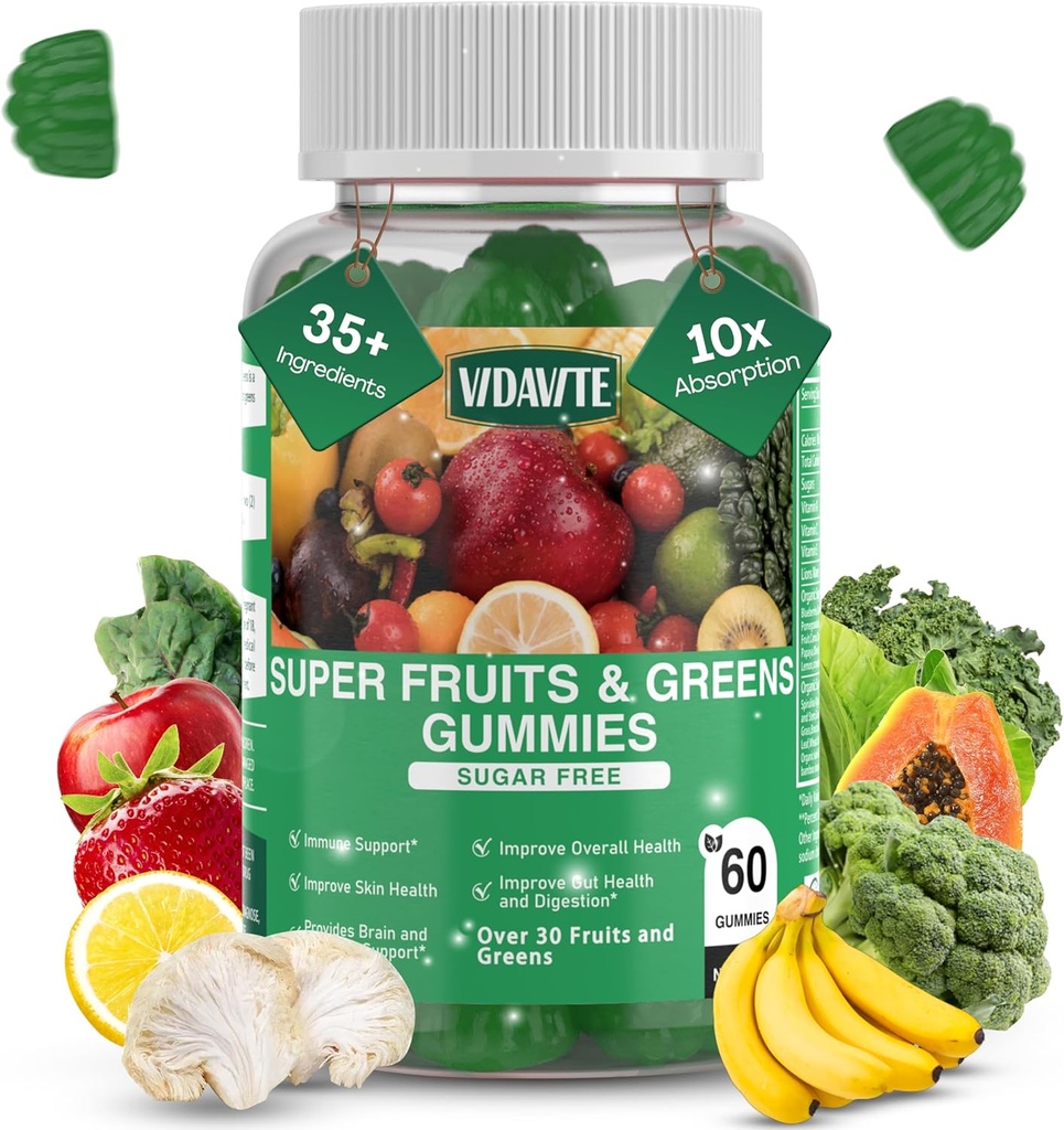 Super Greens Gummies sin azúcar — EE.UU.-Made, 35+ Frutas y Gaggie gummies para aumentar la inmunidad, la piel y la salud de las tripas — Ideal Fruits and Vegetables Suplemento para adultos y adolescentes exigentes (30-Days Supply)
