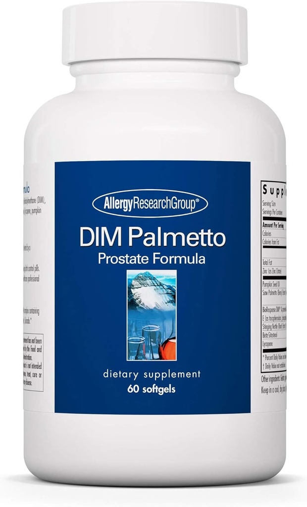 Grupo de investigación de alergia DIM Palmetto - Suplemento de apoyo a la próstata para la salud de los hombres, Zinc con Saw Palmetto, Beta Sitosterol, Stinginging Nettle Extract, Pumpkin Seed Oil, Softgels - 60 Con
