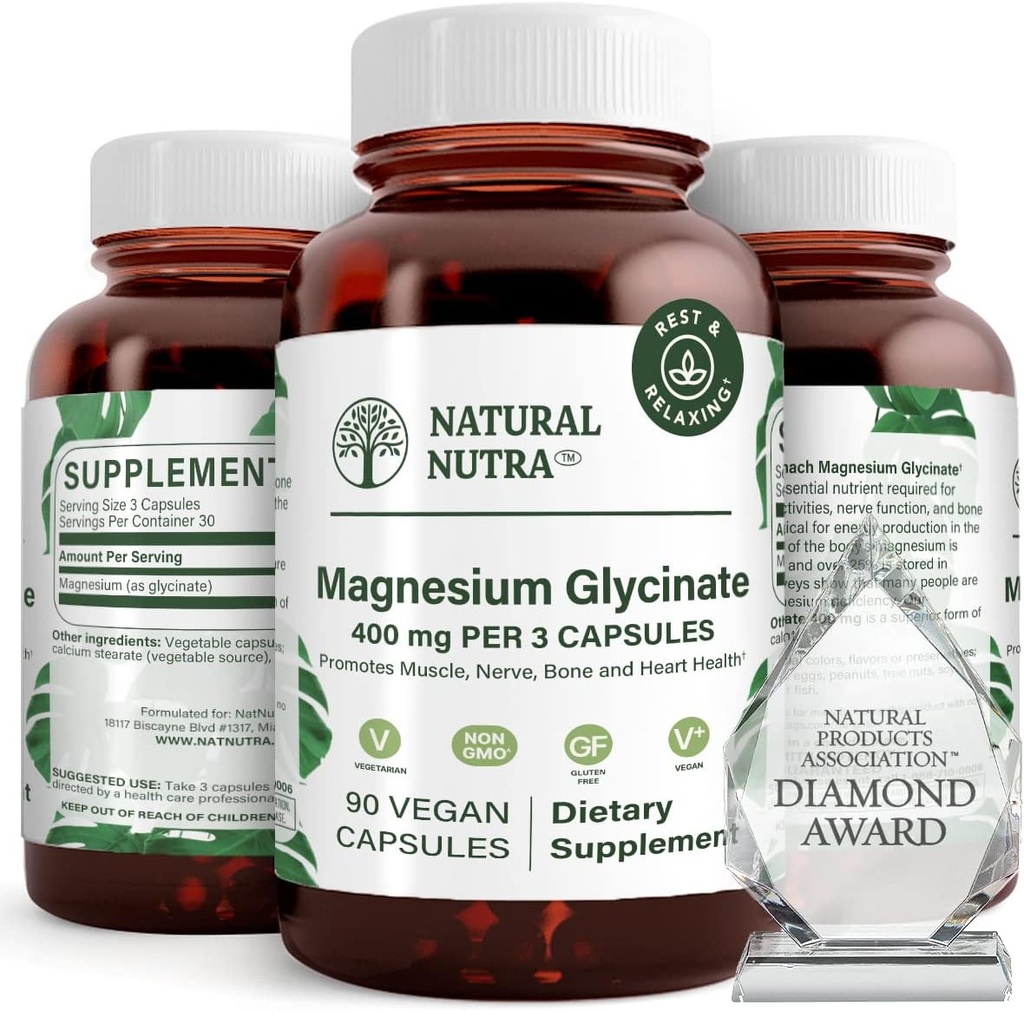 Natural Nutra Magnesium Glycinate 400 mg Supplement, Promotes Cardiovascular Health, Vegan, Helps Improve Bone Health, Soy Free, 90 Capsules