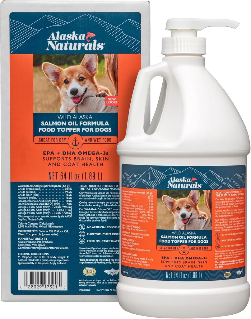 Alaska Naturals Wild Alaskan Salmon Fish Oil Suplemento para perros Skin and Coat with EPA DHA Omega 3 Fatty Acids Liquid Food Topper 64 oz. Bomba