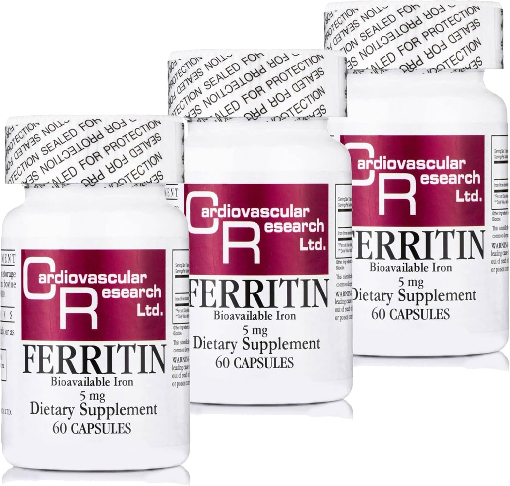 Cardiovascular Research Ferritin Iron Supplement for Women and Men 5 mg 180 Capsules - 3 Bottle Bundle