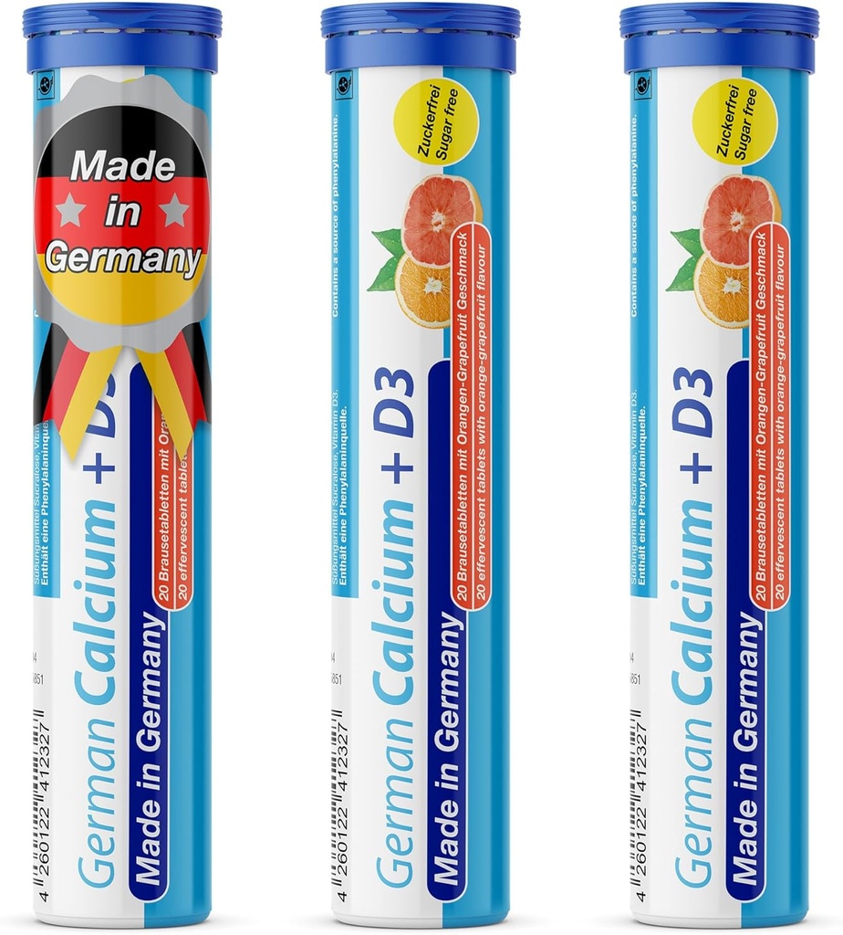 Calcio alemán + Vitamina D Bebida Effervescent Tablets 60 Servidores Orange-Grapefruit Flavour - 500 mg Calcio, 2,5 μg Vitamina D3 - T plagaD Pharma – Hecho en Alemania
