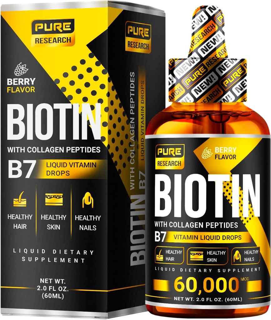 Biotina líquida " Collagen Hair Growth Drops 60,000mcg - Biotina y líquido colágeno Suplemento para hombres " Mujeres - Soporte para la piel de alumbramiento, cabello saludable " Nail Growth - 2oz