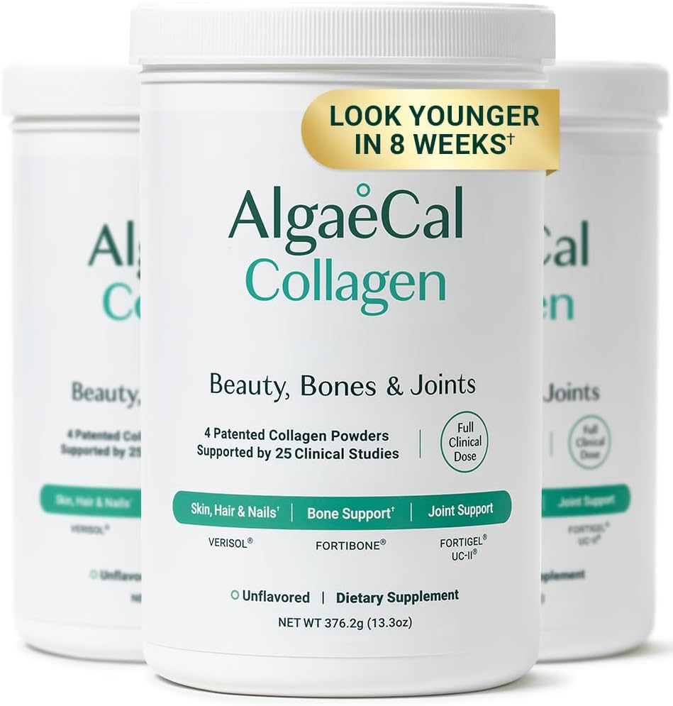Colágeno ALGAECAL - 4 Péptidos clínicos VERISOL®, FORTIGEL®, UC-II®, FORTIBONE®, Anti-Aging Hydrolyzed Powder, 3 Packs, Made in USA