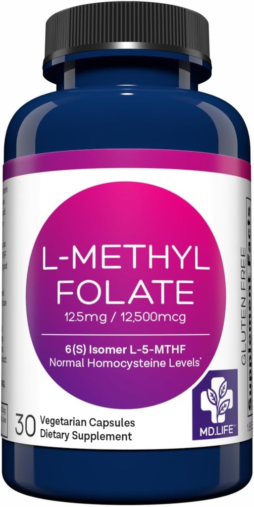 MD Life L-Methylfolate 12.5 mg Suplemento - Professional-Grade Active L Methylfolate Suplemento - 30 cápsulas - L-Methylfolate 12.5mg - Maximum Potency MTHFR W/Essential Amino Acids