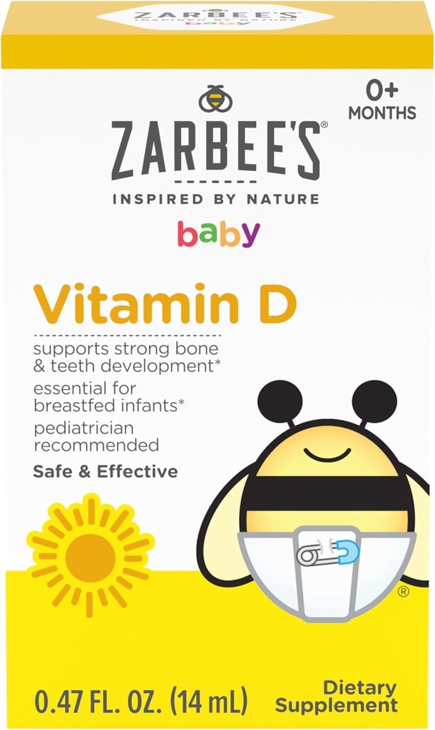 Zarbee's Vitamin D Drops for Infants, 400IU (10mcg) Baby &amp; Toddler Liquid Supplement, Newborn &amp; Up, Dropper Syringe Included, 0.47 Fl Oz