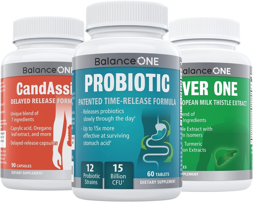 Balance ONE 3-en-1 Bundle ← Probiótico, CandAssist, Liver One Silencio 15 Billion CFU Probiótico Silencio Natural Cleanse with Caprylic Acid ← Liver Support with Milk Thistle