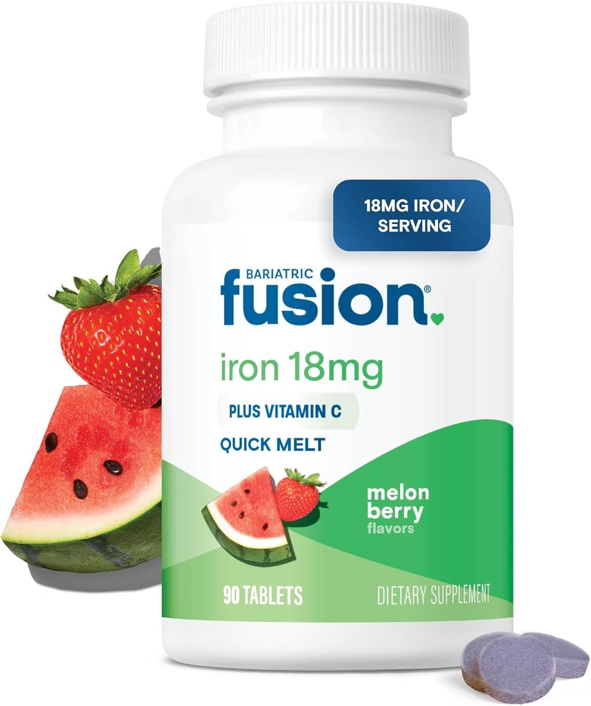 Bariatric Fusion Iron Supplement for Women Quick Melt ← Sugar Free Dissolvable Chewable Iron Tablets ← Ferrous Fumarate 18 mg Iron with Vitamin C  Melon Berry ← Gluten, Dairy and Soy Free TEN 90 Conde