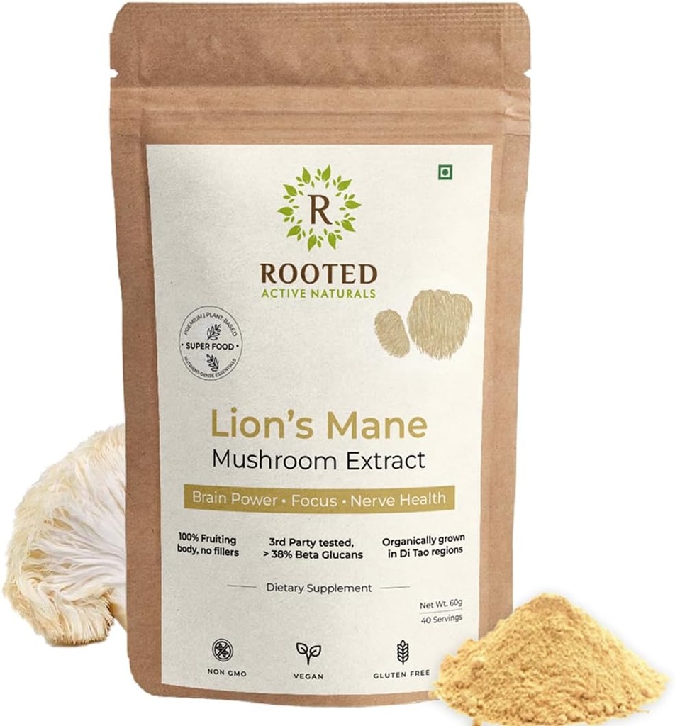 ROOTED Active's, Lions Mane Mushroom Extract Powder (Certified Organic, 38% Verified Beta Glucans duración Cognition, Clarity, Focus &amp; Mood, Brain Health Support (2.11 Ounce)