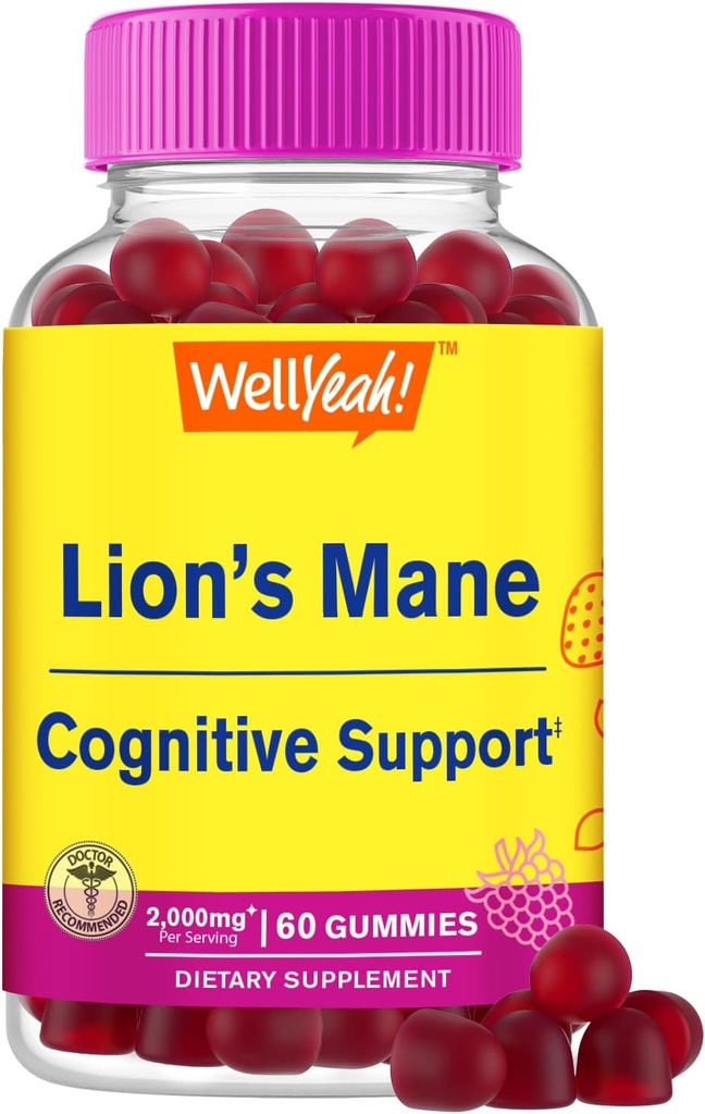 WellYeah Lions Mane Gummies for Adults (2,000mg) | Lions Mane Supplement Memory and Focuse Support | Gluten Free, Non GMO | Berry Flavor | Lion's Mane Gummies 60 Count