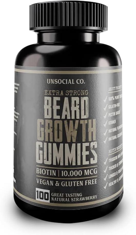 Unsocial Co. Extra Strong Beard Growth Vitamins Gummies ← Biotin 10000 MCG ← Promueve un fuerte crecimiento del cabello facial para los hombres