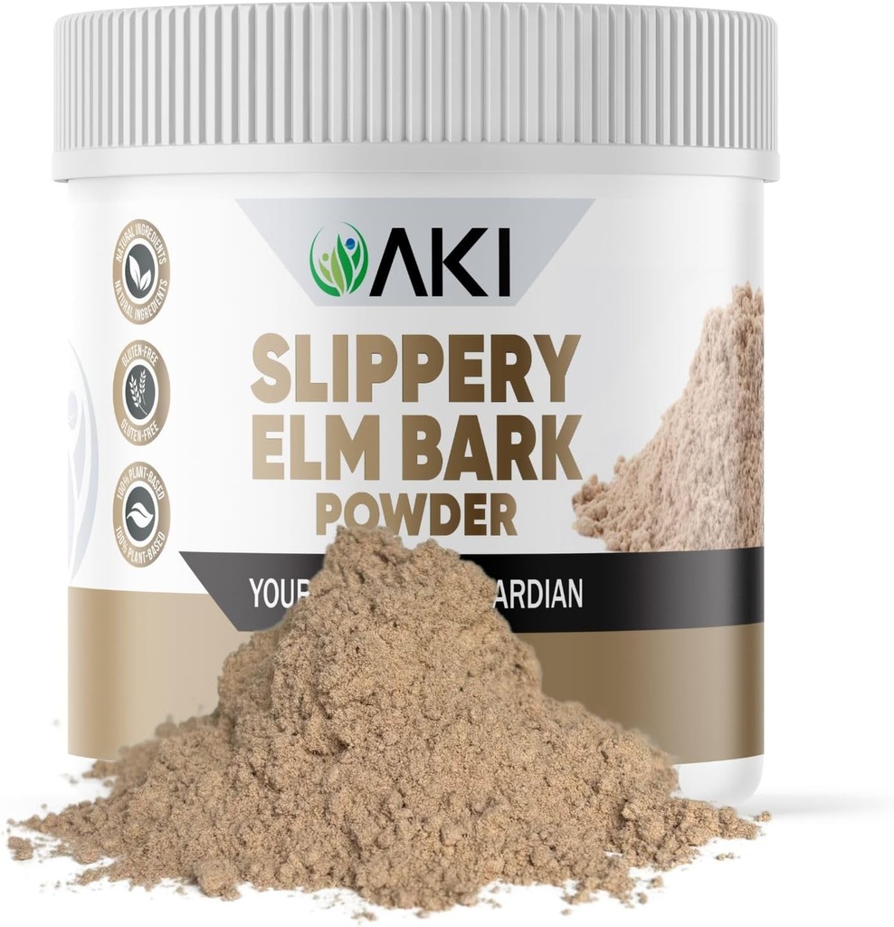 AKI Slippery Elm Bark Powder - Plant-Based Protein, Soothing Remedy for Digestive Wellness & Throat Comfort - Vegan-Friendly, Gluten-Free, Non-GMO &amp; Free from Artificial Additives (4oz/113g)