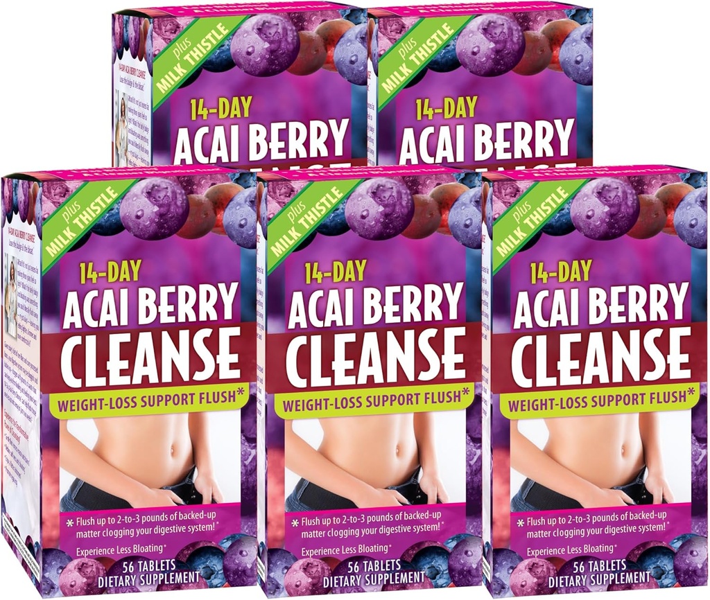 Nutrición aplicada 14 días Acai Berry Cleanse - 56 Tablets, Pack of 5 - Weight-Loss Support Flush + Milk Thistle - 140 Total Servings