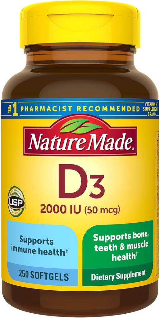 Natural Made Vitamina D3 2000 UI (50 mcg), Suplemento de vitamina D para el Hueso, Dientes, Musculo e Immune Health Support, 250 Softgels, 250 Day Supply