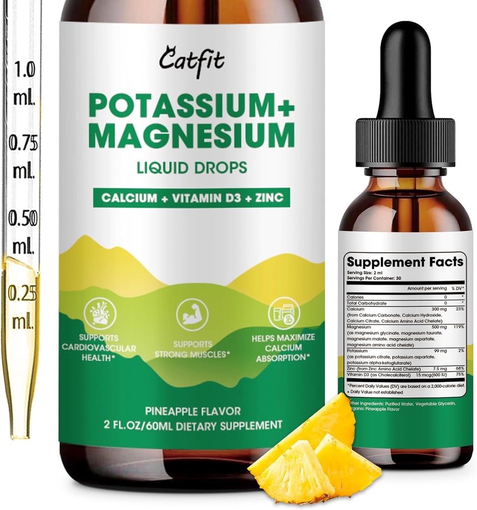 Potasio Magnesio Glycinate Suplemento-Alta Absorción Magnesio Complejo Líquido gota con Calcio, Potasio, Vitamina D3 &amp; Zinc para el sueño, Calambres, Musculos &amp; Energía, Sugar Libre Vegan 2 Fl Oz
