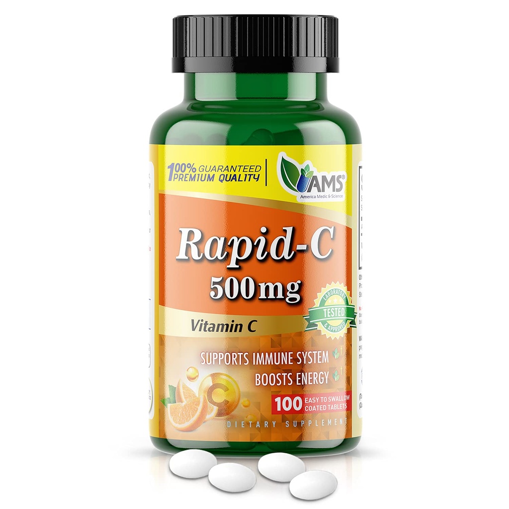 America Medic &amp; Science Rapid-C 500mg Vitamin C Supplement (1 Pack of 100 Tablets) Energy Booster, Daily Immune System Support, Antioxidant ¦ Vegan, Non-GMO Coated Ascorbic Acid for Adult Men &amp; Women