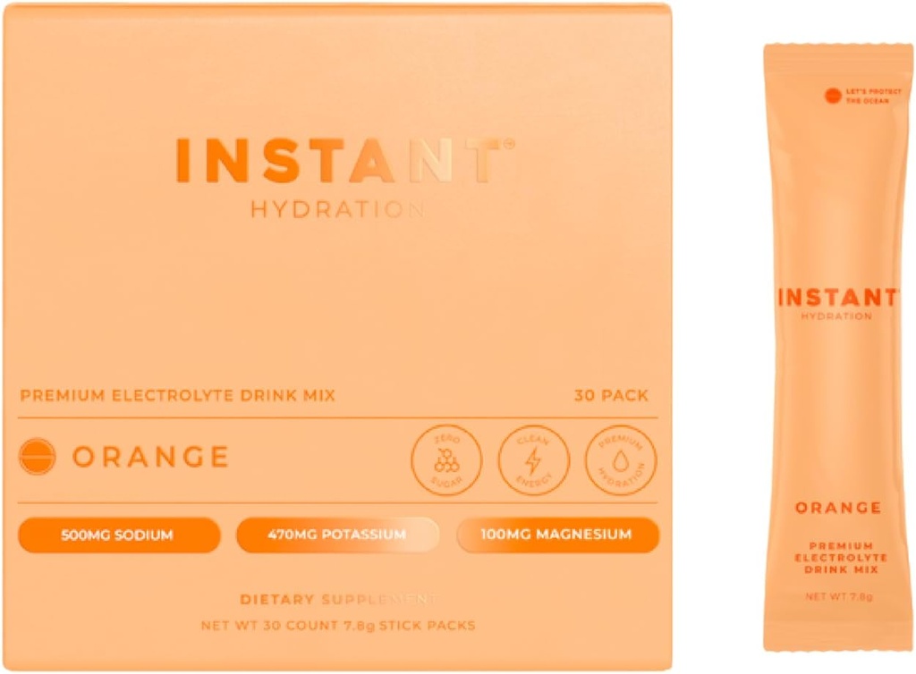 Instant Hydration Electrolytes Powder Packets - Citrus Orange Drink Mix - Zero Sugar - Keto, Vegan, Gluten-Free, Non-GMO - Boost Recovery, Brain Health, Muscle & Tissue Support- 30 Sticks