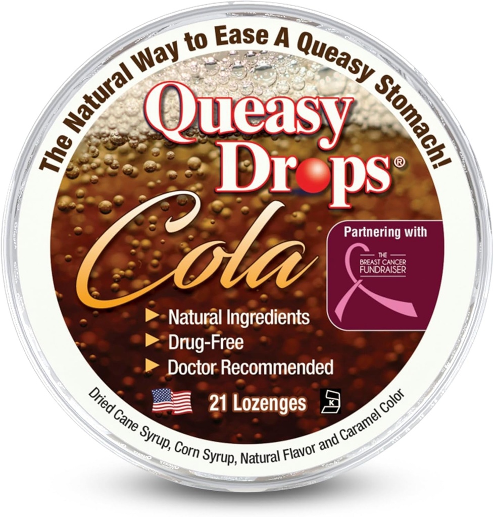 Three Lollies Queasy Drops - Cola Flavor - Alivio de Nausea & Travel Sickness, Soothes a Dry Mouth & Settles Stomach - Natural Ingredients - 21 ct