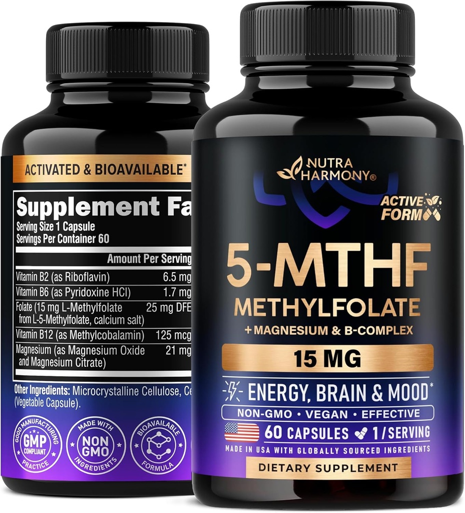 NUTRAHARMONY L Methylfolate 15 mg - 5-MTHF Methylfolate Suplemento Plus Metil B12, Vitaminas B2 &amp; B6, Magnesio - Hecho en EE.UU., 60 cápsulas para 2 meses
