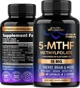 NUTRAHARMONY L Methylfolate 15 mg - 5-MTHF Methylfolate Suplemento Plus Metil B12, Vitaminas B2 &amp; B6, Magnesio - Hecho en EE.UU., 60 cápsulas para 2 meses