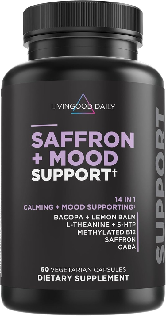 Livingood Daily Mood Support Supplement for Women &amp; Men, 14-in-1 Fórmula con L Theanine, Lemon Balm, GABA, Saffron, 5-HTP &amp; B12, soporta Focus &amp; Emotional Wellness, Gluten Free, Vegan, 60 cápsulas