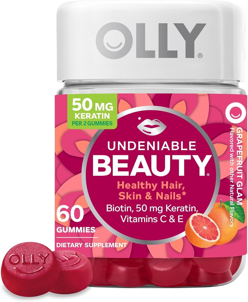 OLLY Undeniable Beauty Gummy, For Hair, Skin, Nails, Biotin, Vitamina C, Keratin, Chewable Suplemento, Grapefruit, 30 Day Supply - 60 Cuenta