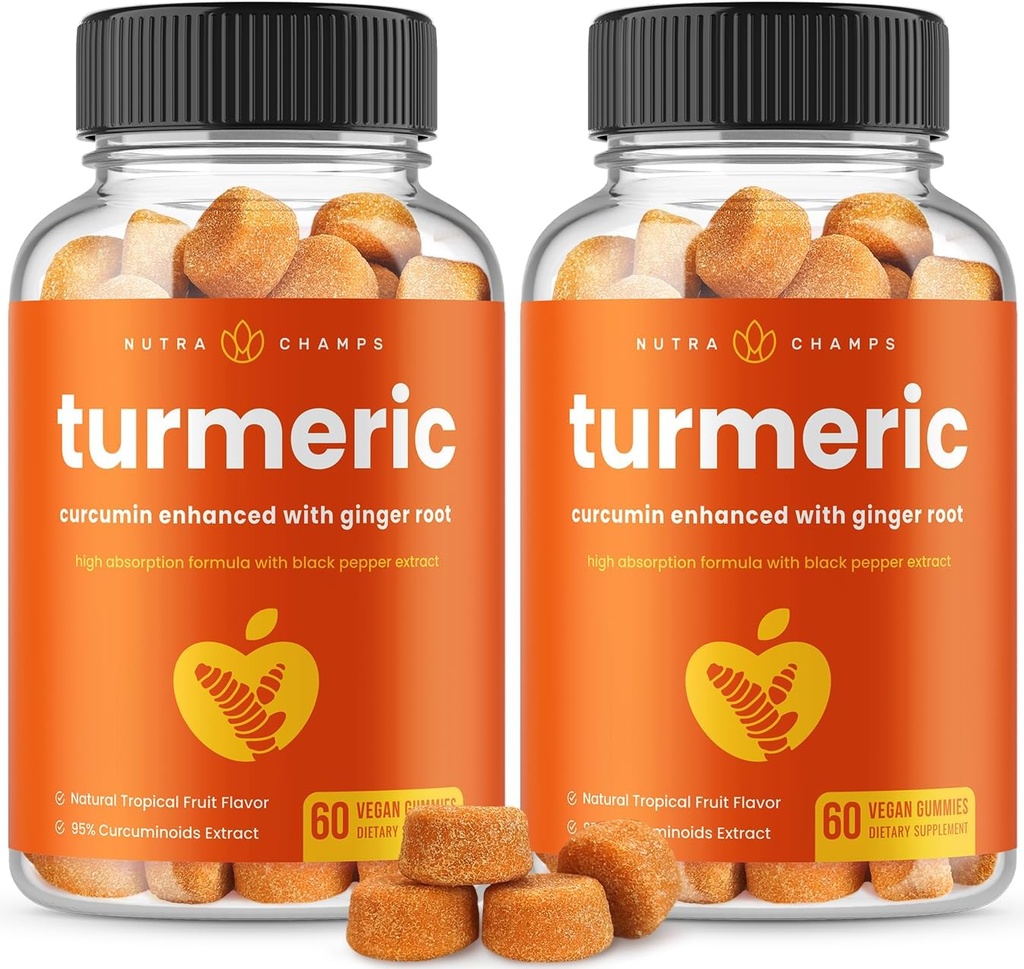 Turmeric Gummies for Adults & Kids with Ginger & Black Pepper Extract | 95% Curcuminoids | Vegan Natural Curcumin Joint Support | 120 Tumeric Gummy Supplements (2-Pack)