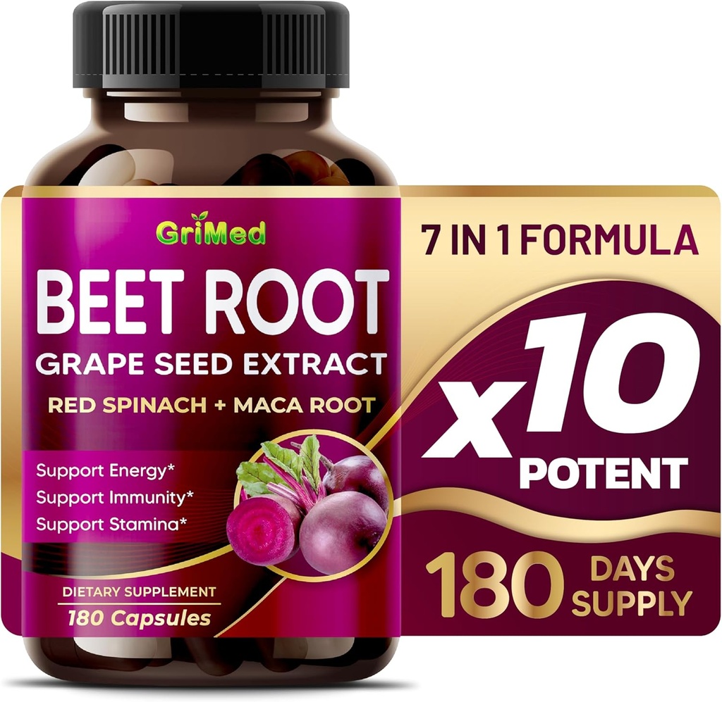 GriMed Beet Root with Grape Seed Extract, Maca Root, Red Spinach " Ashwagandha – 180 Vegetable Capsules