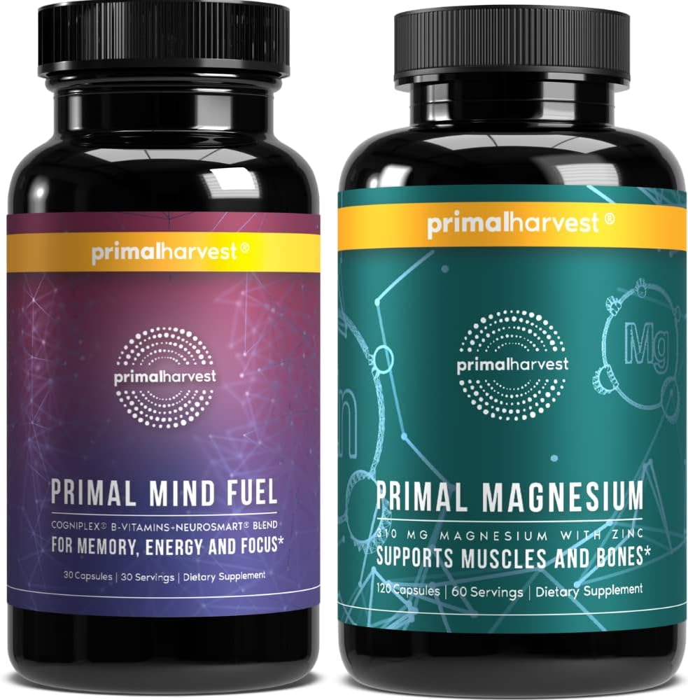 Primal Mente de Cosecha Fuel &amp; Magnesium Glycinate Suplementos para Mujer y Hombre Magnesio y Mente Fuel Cerebro Booster Pills Bundle