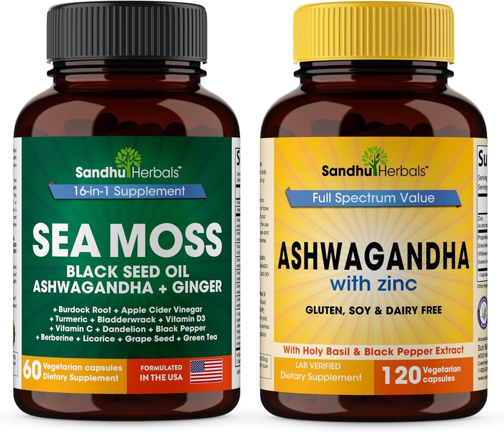 SANDHUHERBALS Sandhu Herbals Sea Moss 16 in 1 Supplement & 4 in 1 Ashwagandha Supplement| Supports Immune Health & Overall Wellness