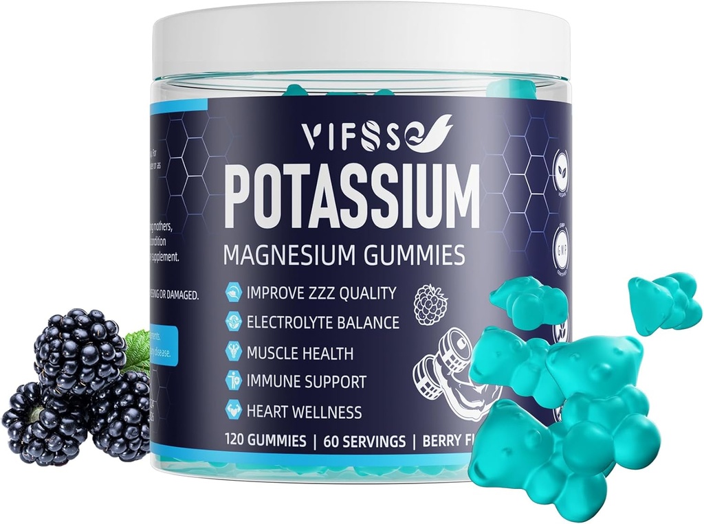 Potasio Magnesio Gummies, Potasio 120 Gummies Azúcar Libre para Hombres y Mujeres, Apoyo Legislativo &amp; Muscle & Heart Health, Magnesium Glycinate Gummies Best for Bedtime, Vegan, Non-GMO, Berry Flavor