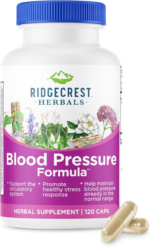 RidgeCrest Herbals Blood Pressure Herbal Formula, 12 Herbs, Poria Mushroom, Gastrodia, Gardenia, for Heart, Vascular, Circulation Health (120 Conde)
