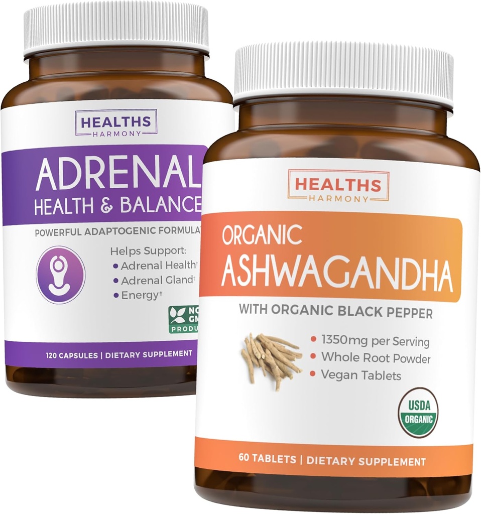 Adrenal " Ashwagandha (1-Month Supply) Calm " Energize Bundle - Adrenal Support with L-Tyrosine (120 Capsules) " USDA Organic Ashwagandha 1350mg Ashwagandha Root Powder per Serve (60 Capsules)