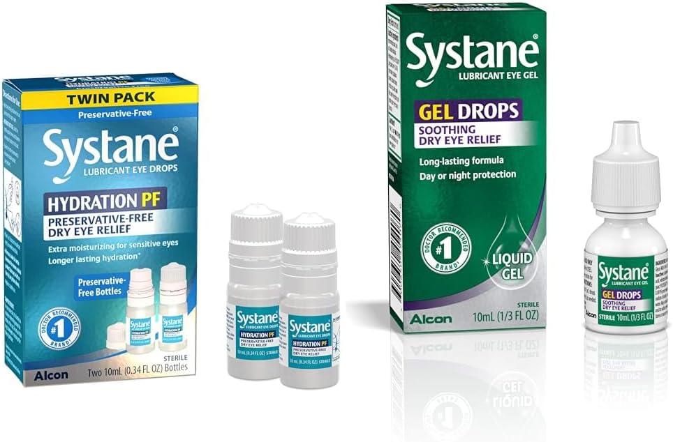 Systane Hydration Multi-Dose Preservative-Free Eye Drops Dry Eye Relief Twin Pack (2x10ml) & Lubricant Eye Gel Drops, 10-mL (Packaging May Vary)
