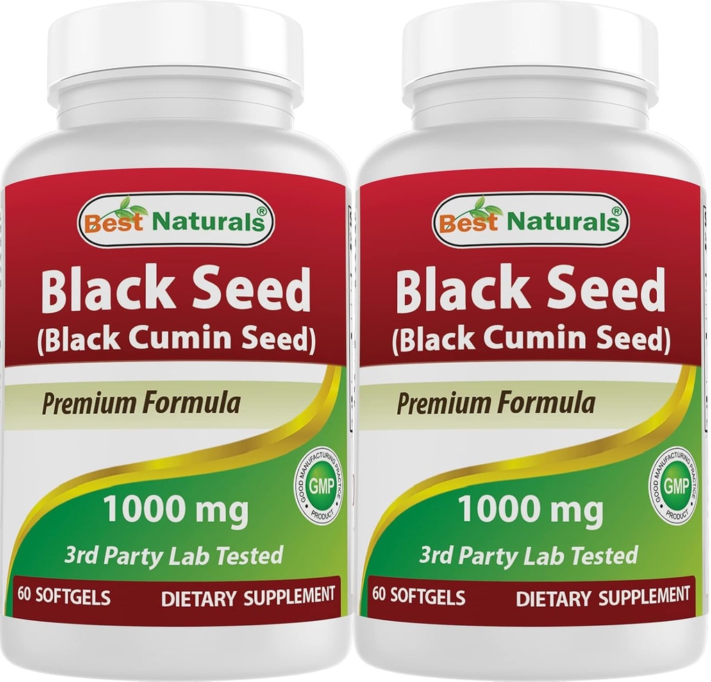 Mejores Naturales 2 Packs Black Seed Oil Capsules 1000 mg (No-GMO) Nigella Sativa - 100% Cold Presionado Negro Cumin Seed Oil Pills Contiene Thymoquinonoe 60 Cuenta (Total 120 Softgels)