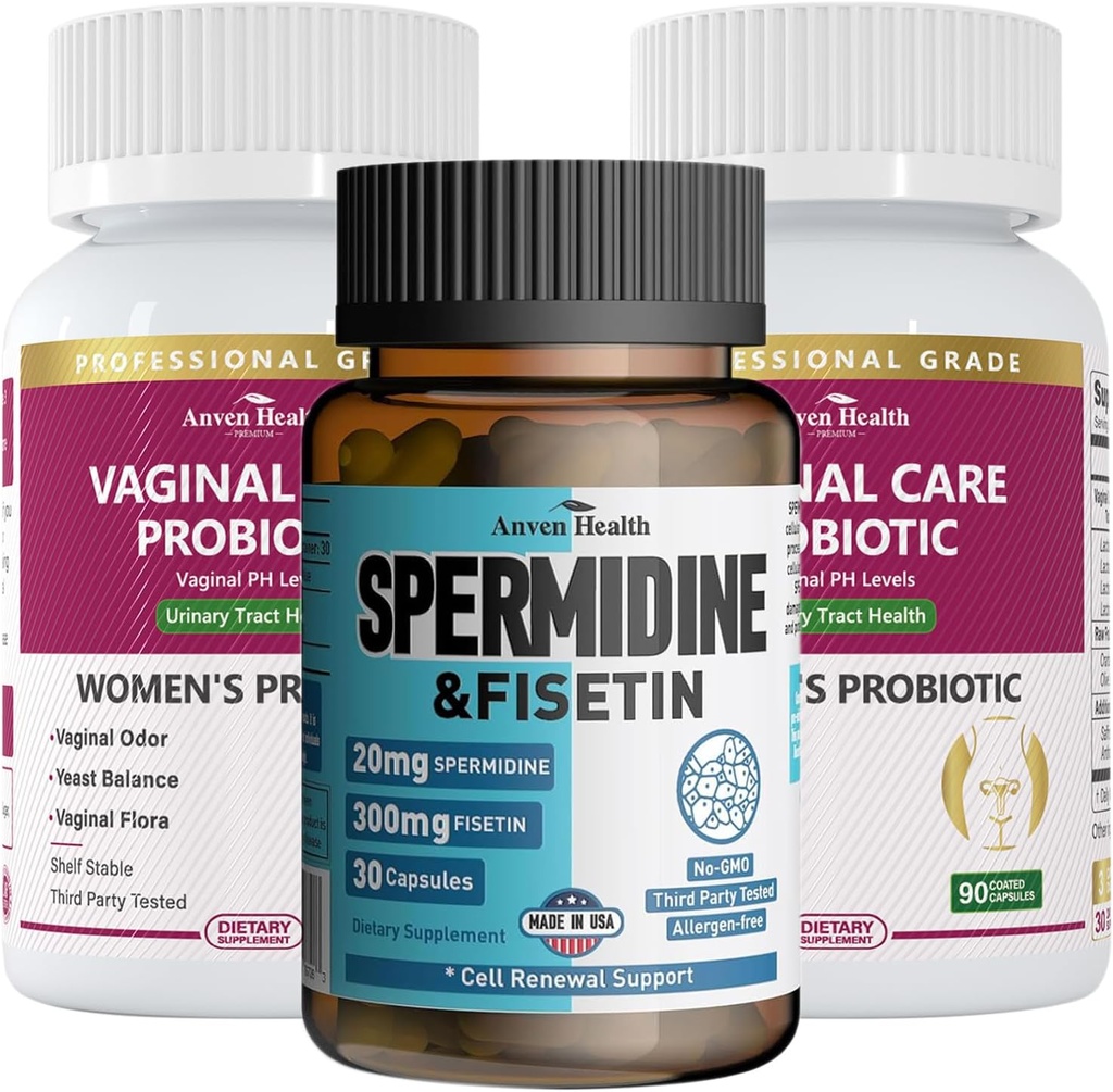 Agrupo de salud de las mujeres: 2 botellas de probióticos vaginales + 1 botella de espermidina " Fisetin – Vaginal, Gut " Immune Health + Renewal celular " Anti-Aging Support