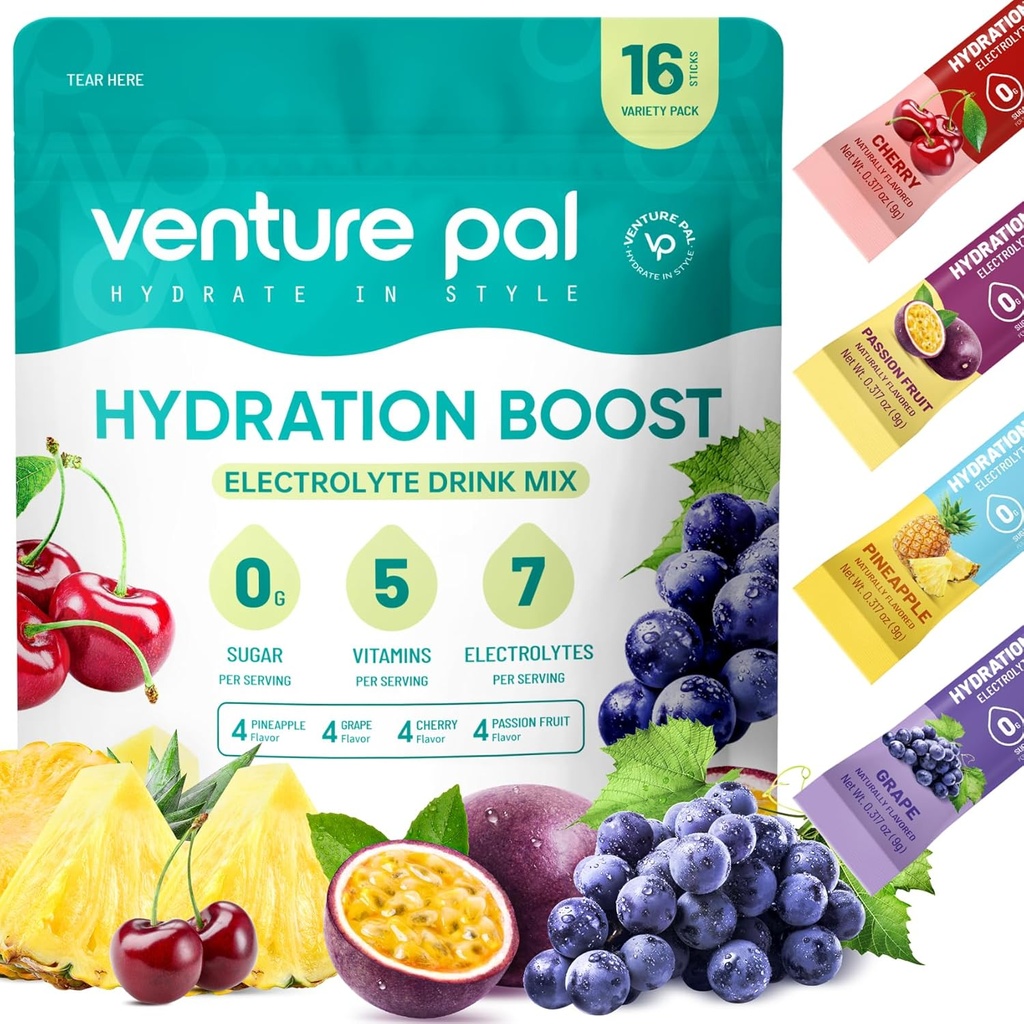Venture Pal Sugar Free Electrolyte Powder Packets - Liquid Daily IV Drink Mix for Rapid Hydration " Party Recovery TEN 5 Vitaminas " 7 Electrolytes Anterior Keto Friendly ← Non-GMO TEN Certified Vegan TEN 16 Sticks