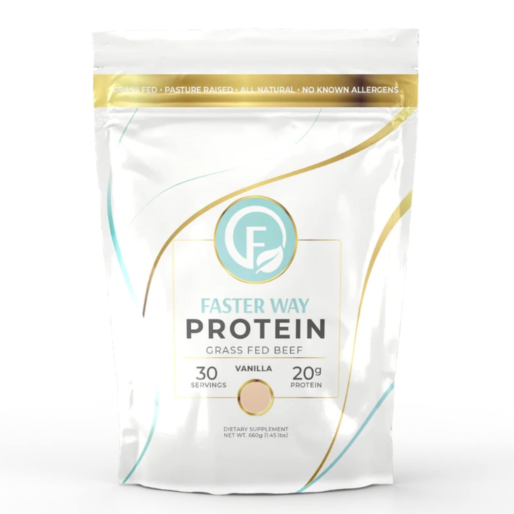 Faster Way - Protein Powder - Hidrolyzed Grass Fed Beef - 20g de Protein Por Serving - Crecimiento muscular " Recuperación - 9 Aminoácidos esenciales - Sugar, Gluten " Dairy Free - Non-GMO - Vanilla - 30 Servimientos