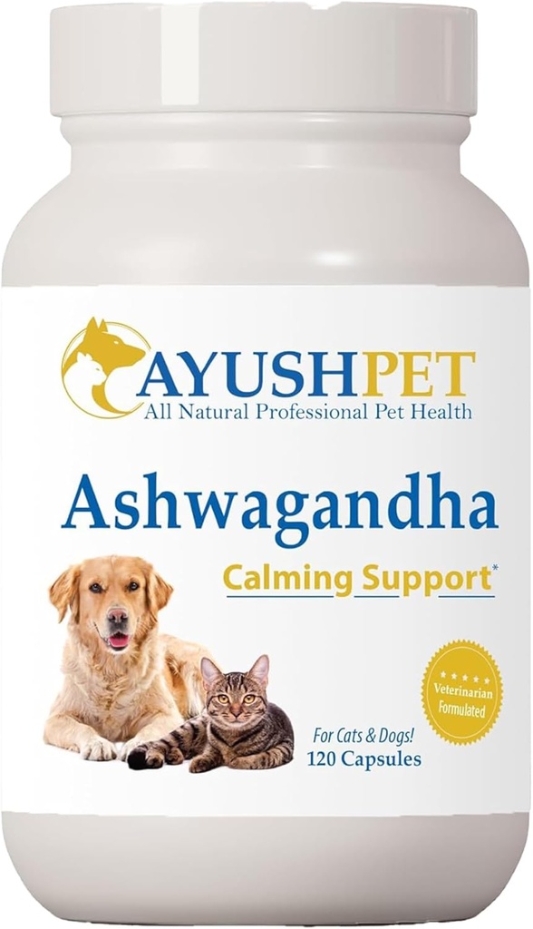 Ayush Pet Ashwagandha Capsules for Dogs & Cats - Orgánica Ashwagandha Root Extracto para la calma y el equilibrio diario, Adaptogenic Wellness Suplemento para Mascotas, 500 mg por cápsula - 120 Conde