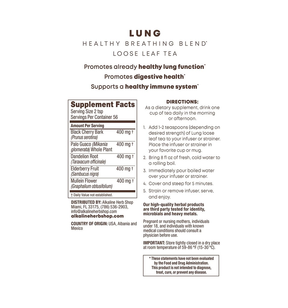 Alkaline Herb Shop - Feliz Lung Tea Suplemento - Hecho con hierbas silvestres naturales - Mullein, Elderberry, Dandelion Root, Wild Cherry Bark. " Guaco - Vegan - Sin gluten - 4 Oz Loose Leaf Herbal Tea