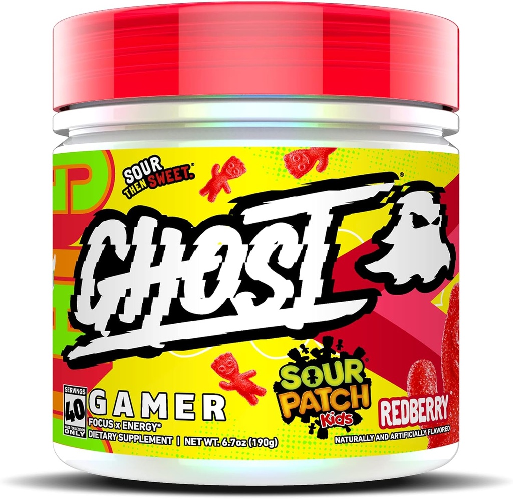 GHOST Gamer: Energy and Focus Support Fórmula - 40 Servings, Sour Patch Kids Redberry - Nootropics & Natural Caffeine for Atención, Precisión " Tiempo de reacción - Vegan, Gluten-Free