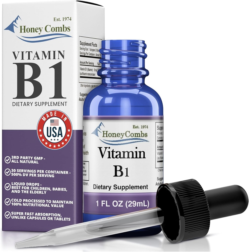 Vitamin B1 Thiamine Liquid Drops - Made in USA - Natural High Potency Fast Absorption Thiamine B1 Supplement for Men, Women & Kids – Vegan Formula - Bulk Sizes Also Available