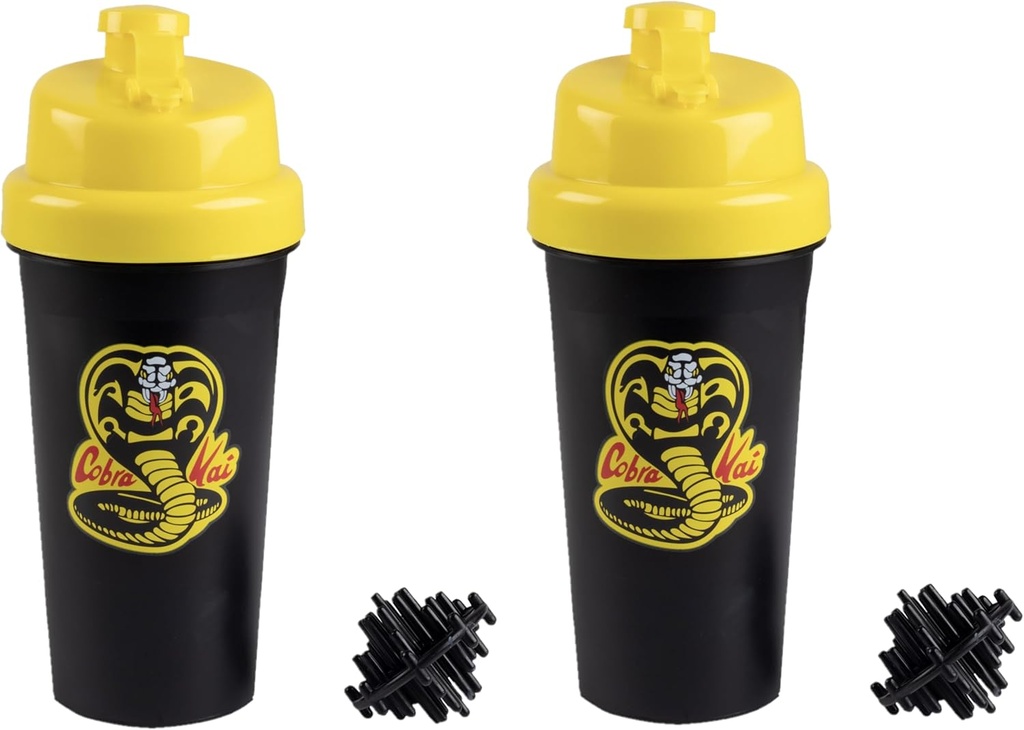 Karate Kid Cobra Kai 25oz Botellas Protein Shaker para Mezclas Powder - Pack of 2 - Leakproof Lid Screw on Lids - Works for Smoothies, Energy Drinks, Workout Blends, Shakes - Officially Licensed
