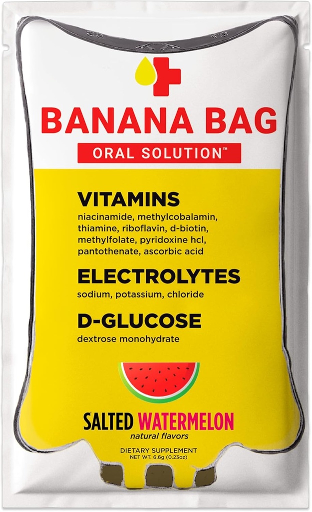 Banana Bag Oral Solution Packets – Salted Watermelon 15pk | A Refreshing Blend of Electrolytes, Vitamin C, and B-Complex for Hydration and Energy. Convenient, Easy-to-Mix, and Perfect for Daily Use.